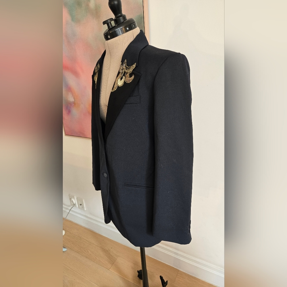 Sandro Oversized Midnight Blue Blazer With Black Satin Lapels And Gold Accents - Picture 3 of 7